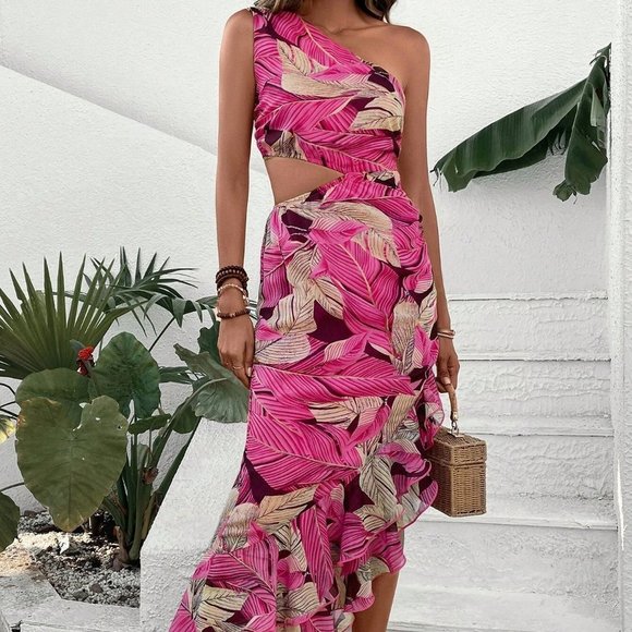 . Dresses & Skirts - Pink Boho Womens Tropical Print One Shoulder Cut Out Waist Ruffle Hem Dress
